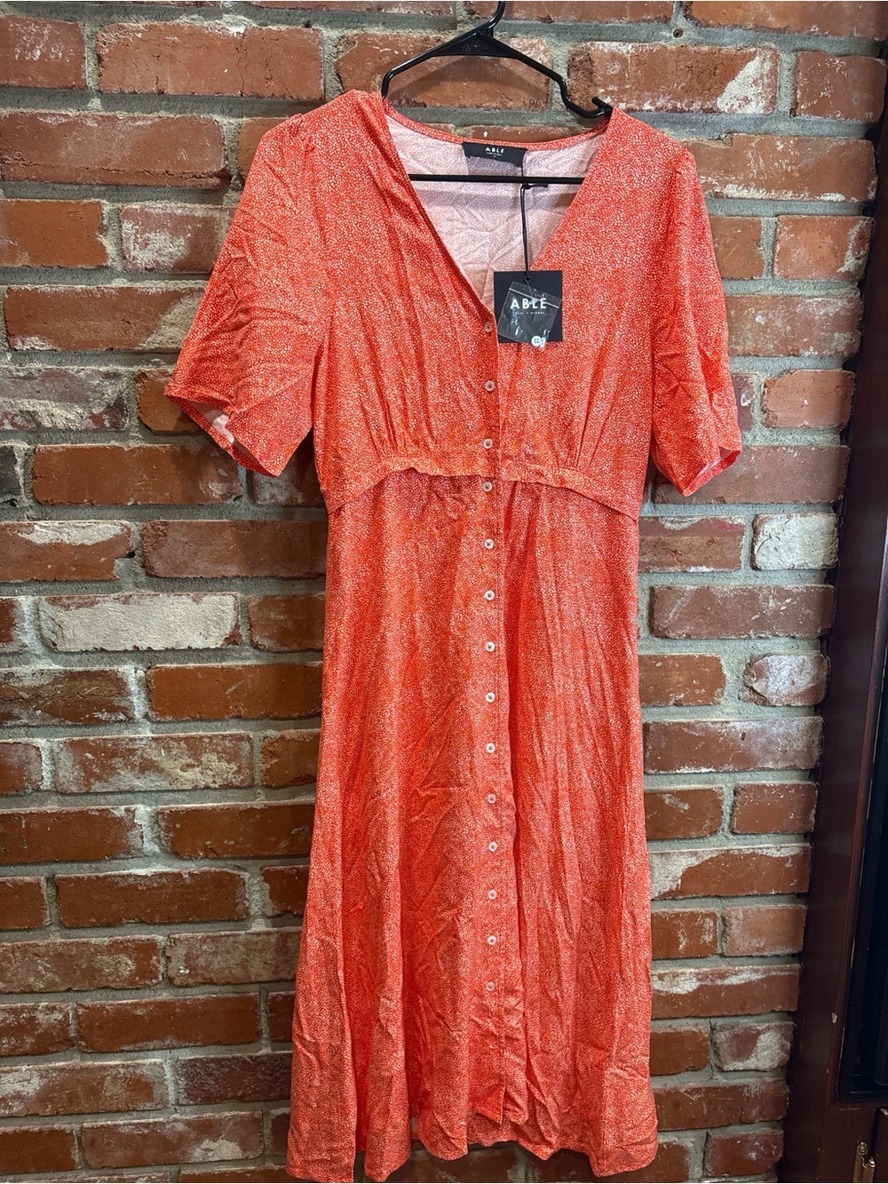 NWT ABLE Amelia Button Front Midi Dress Spicy Orange White Dot XS